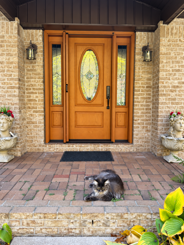 Warm wood-tone entry door with oval decorative glass and matching sidelights in a brick entryway.