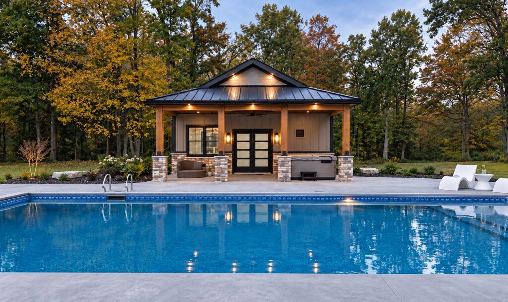 KCH custom pool house at dusk with black glass double doors, a black-framed window, timber porch posts on stone bases and a swimming pool in front.