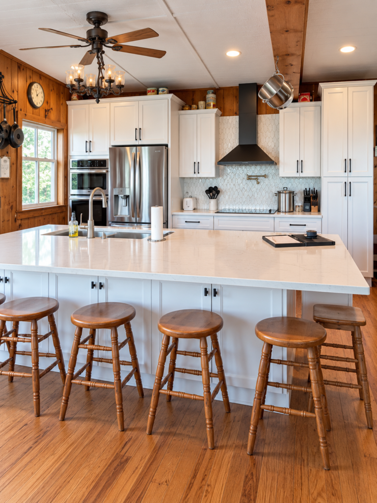 White kitchen cabinets and a broad peninsula with wooden stools, surrounded by warm wood walls and flooring.