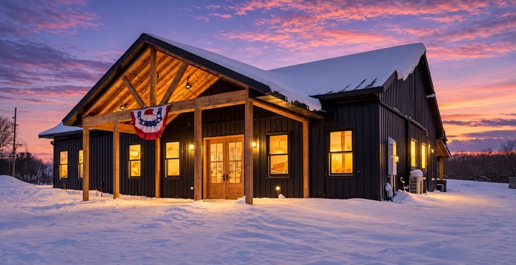 Black-sided home with a timber-framed porch, wood double entry doors and warmly lit windows at a snowy sunset.