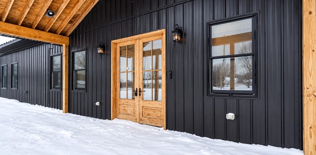 Natural wood double entry doors with divided glass, black hardware and black metal siding beneath a timber porch.