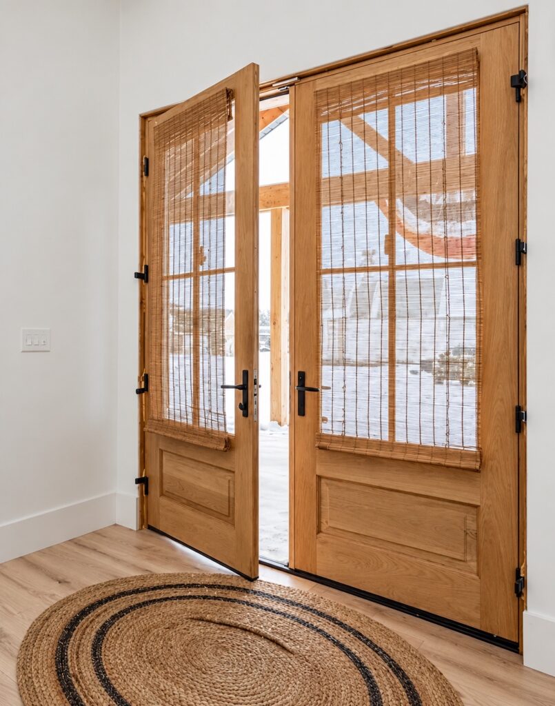Interior view of natural wood double entry doors with woven blinds, black hardware and a round woven rug.