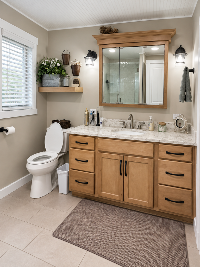 Wood bathroom vanity with a pale countertop, black cabinet pulls, framed mirror and lantern-style wall lights.