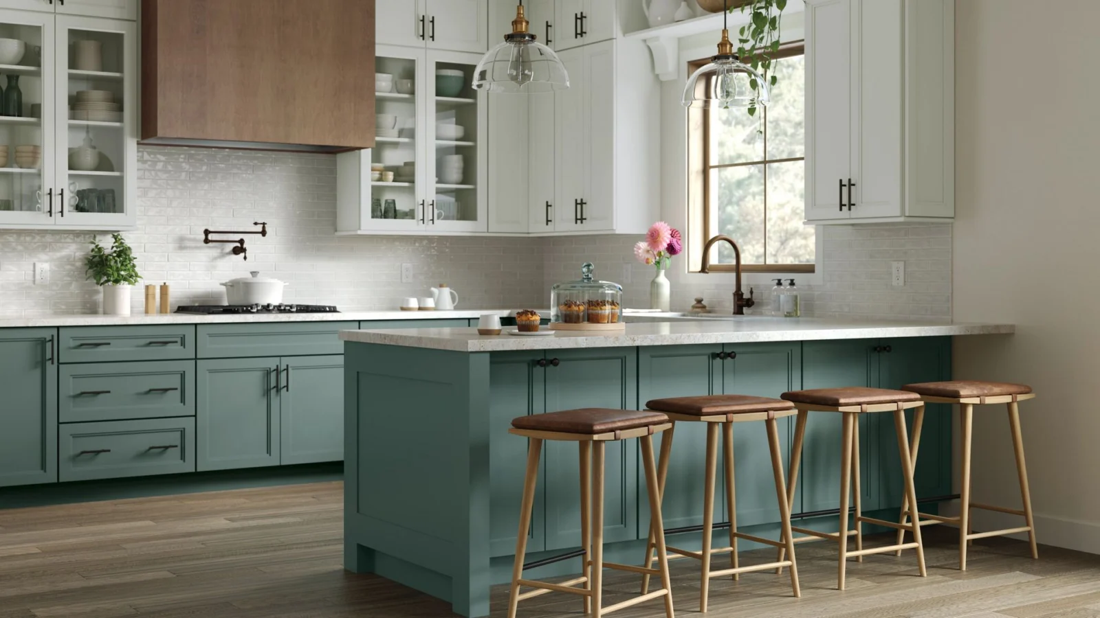 Modern kitchen with teal island, bar stools, and white cabinetry designed by Hannapel